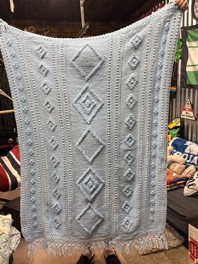 Light Blue Knit Throw Blanket with Diamond Texture - Unbranded